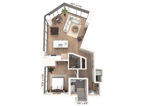 Floor plan for 1 bed, 1 bath, 916 sqft
